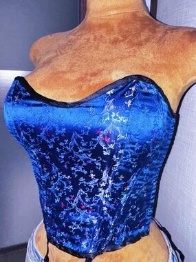 Vintage Frederick’s of Hollywood Y2K royal blue satin embroidered bustier corset
